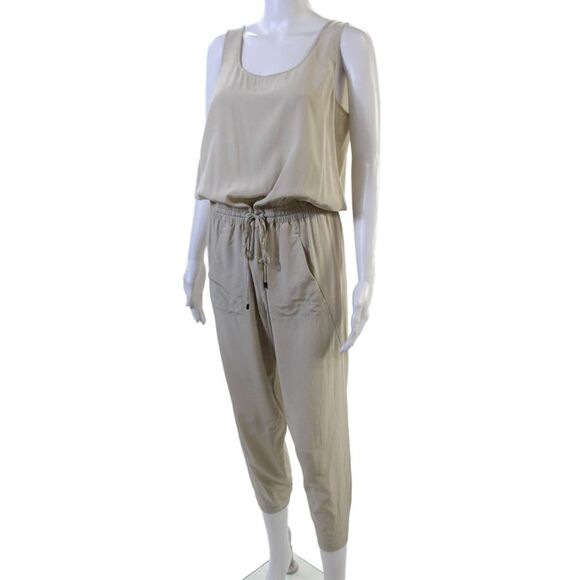 Vince Womens Silk Sleeveless Elastic Waist Cropped Leg Jumpsuit Beige Size 10 - Picture 2 of 7